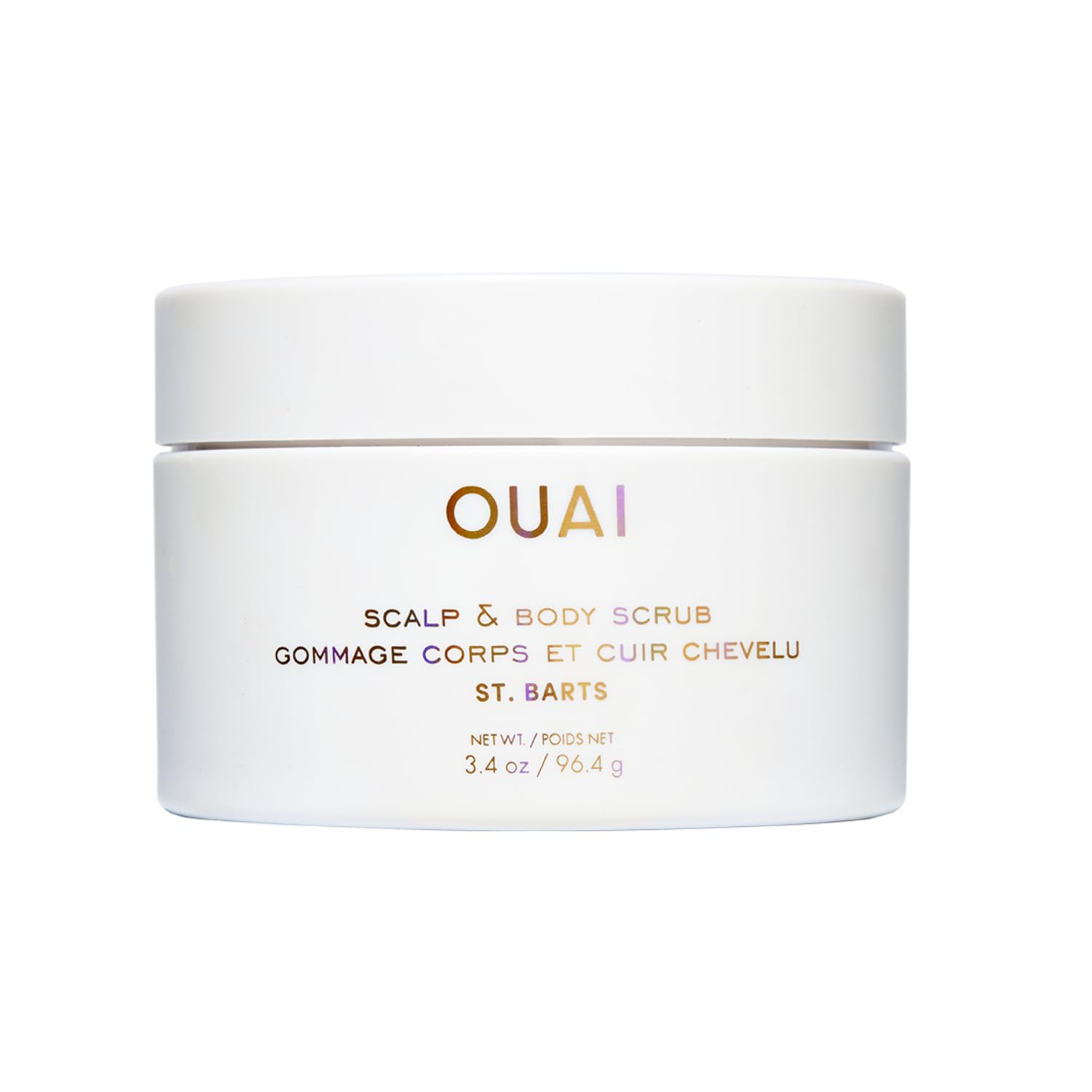 OUAI Scalp & Body Scrub travel-size bottle for on-the-go exfoliation and clean skin.