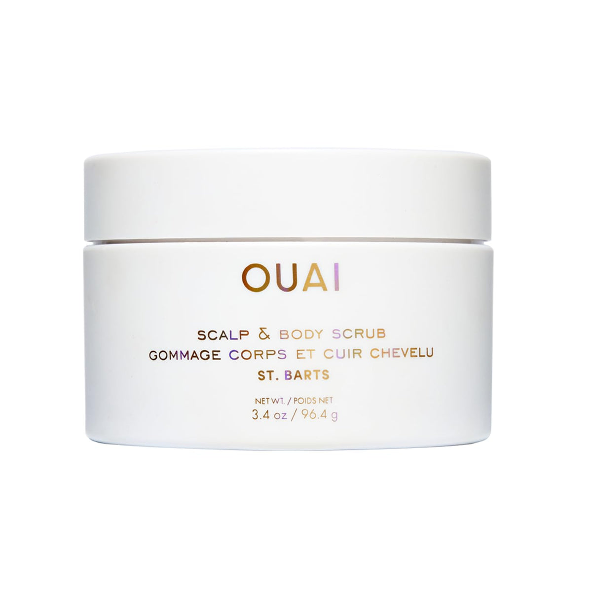 OUAI Scalp & Body Scrub travel-size bottle for on-the-go exfoliation and clean skin.