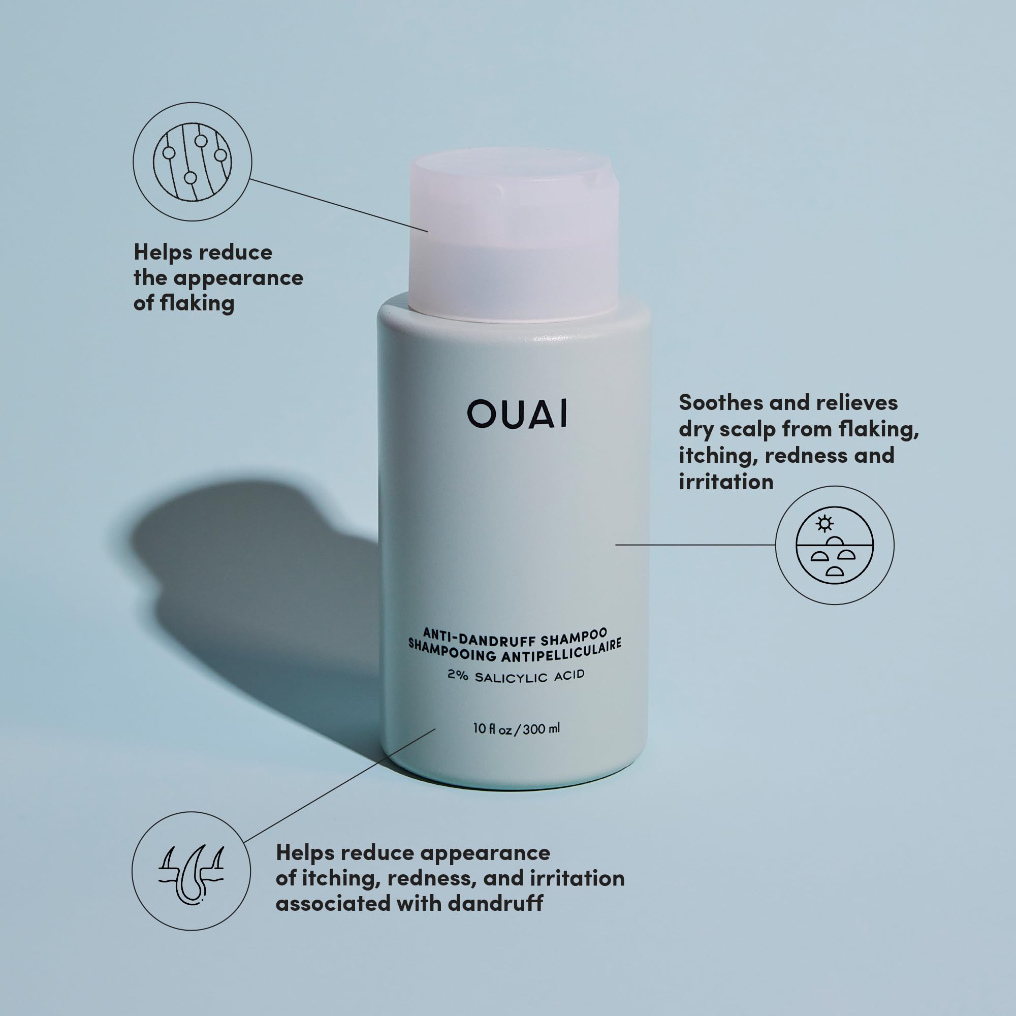 OUAI sulfate-free shampoo bottle emphasizes gentle scalp care