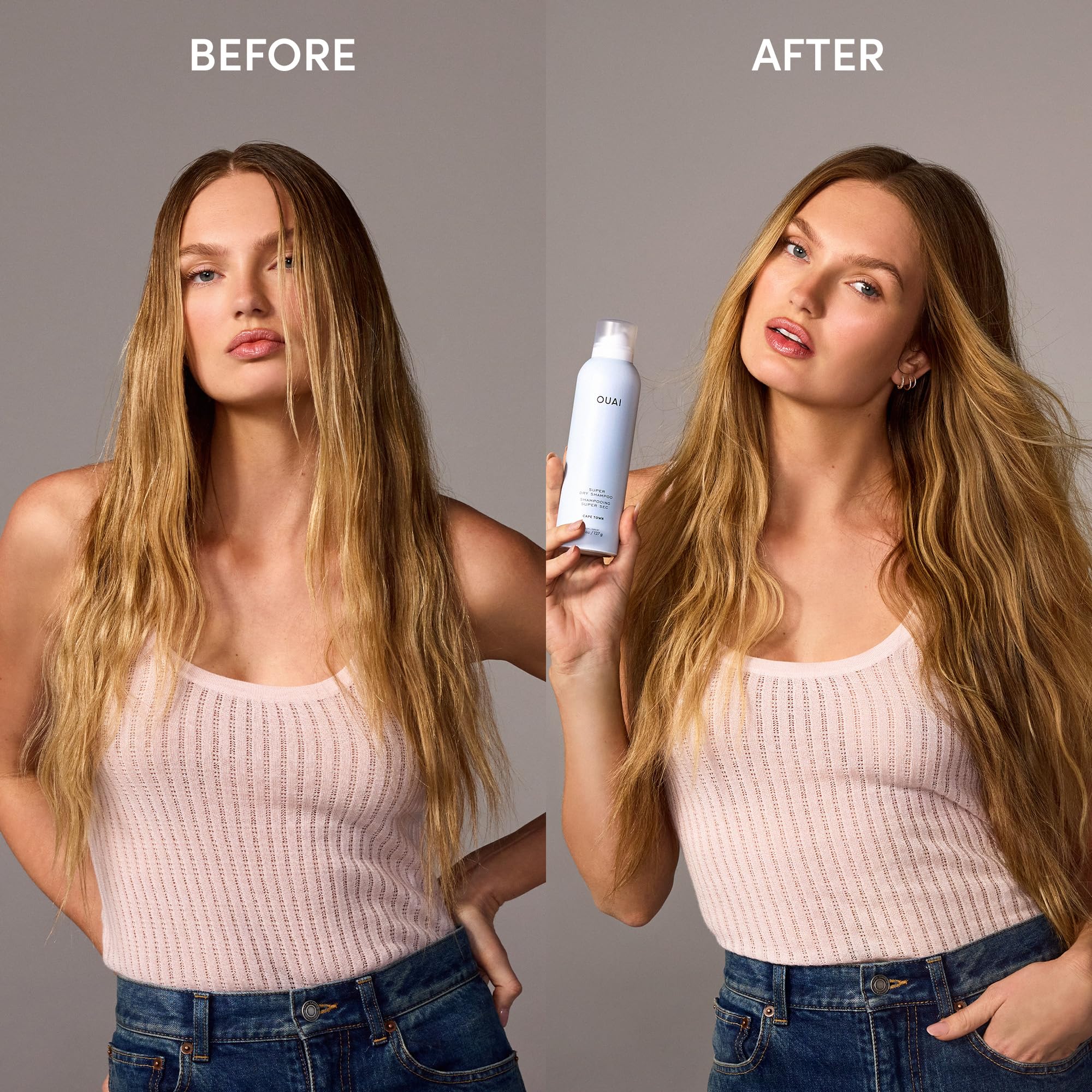 OUAI Super Dry Shampoo spray in action delivering quick oil and sweat absorption.