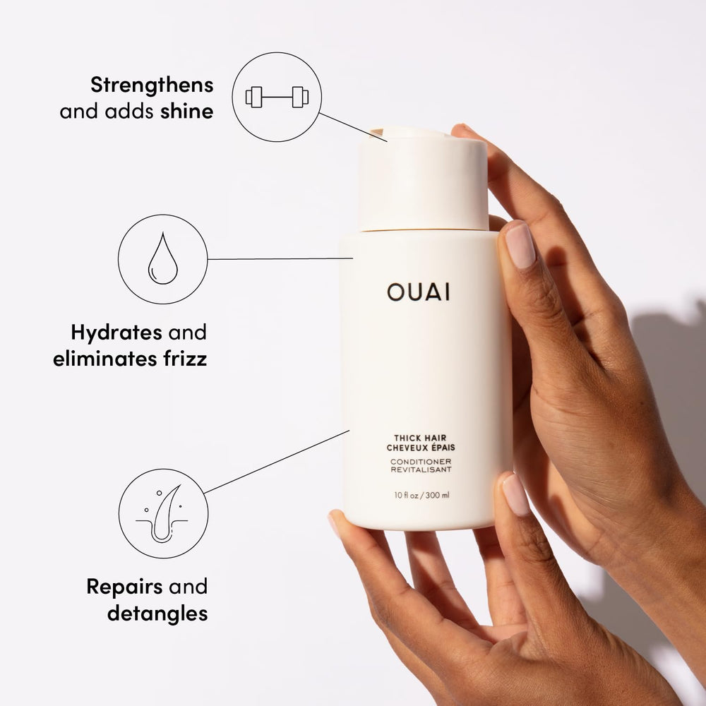 OUAI Thick Hair Conditioner close-up reveals creamy texture for detangling.