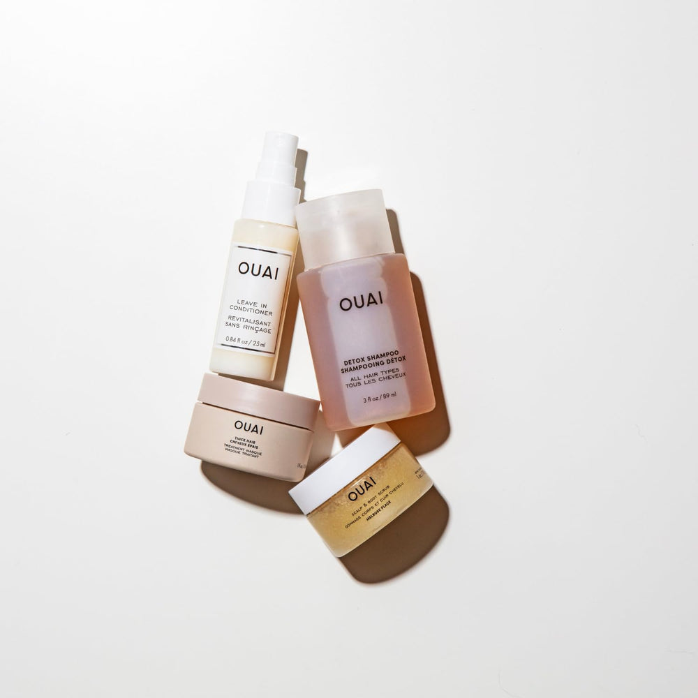 OUAI travel kit thick hair mask jar for smoother, stronger hair.