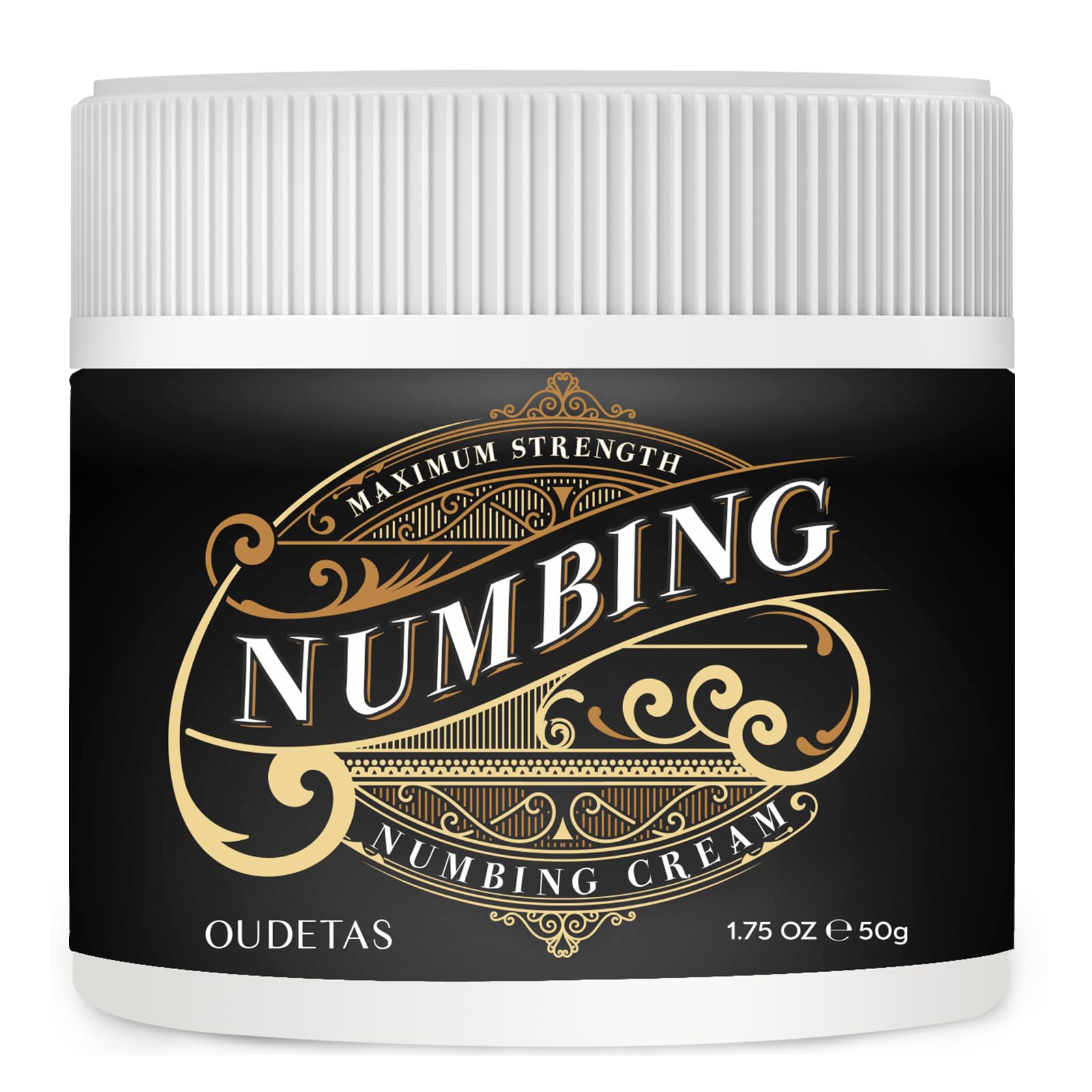Oudetas Numbing Cream tube closeup highlighting a non-greasy formula for targeted relief.