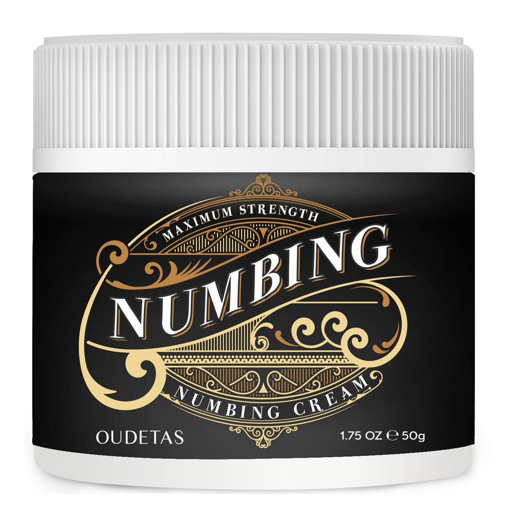 Oudetas Numbing Cream tube closeup highlighting a non-greasy formula for targeted relief.