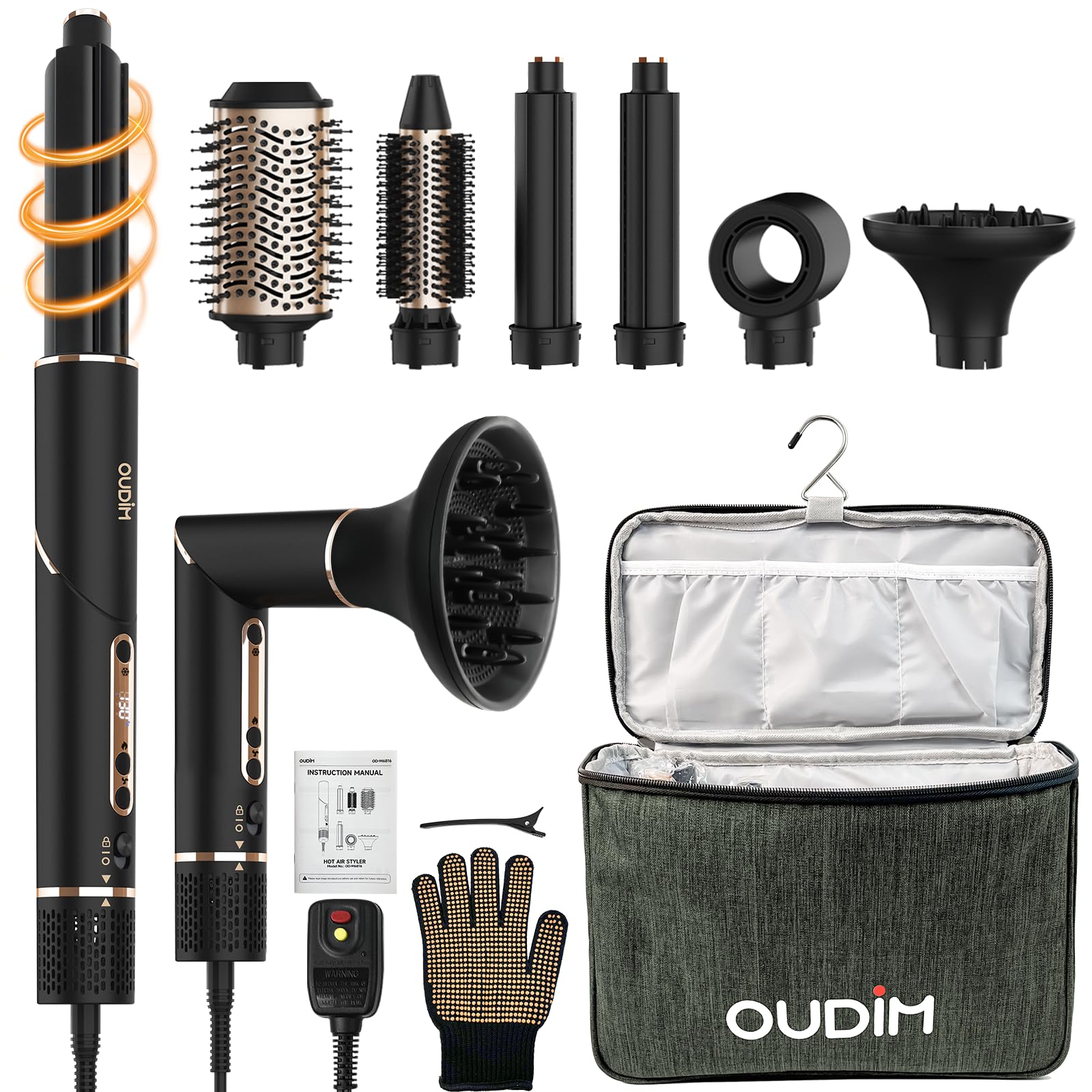 OUDIM 6-in-1 hot air comb with attachments enables versatile styling at home.