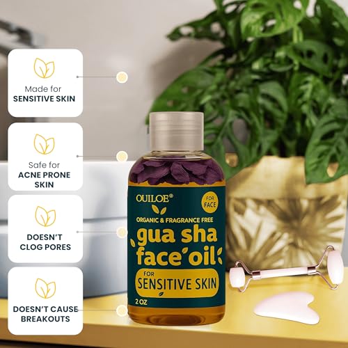 Ouiloe Gua Sha Oil with tools such as jade roller shows soothing, fragrance-free ritual.