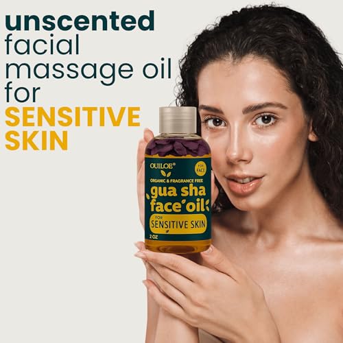 Ouiloe Gua Sha Oil for glide demonstrates skin-friendly, noncomedogenic formula for sensitive skin.