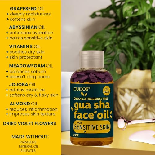 Ouiloe Gua Sha Oil bottle with tip showing unscented formula for sensitive skin.