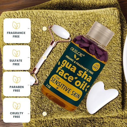 Ouiloe Gua Sha Oil near 2oz label highlights clean beauty and USA-made claim.