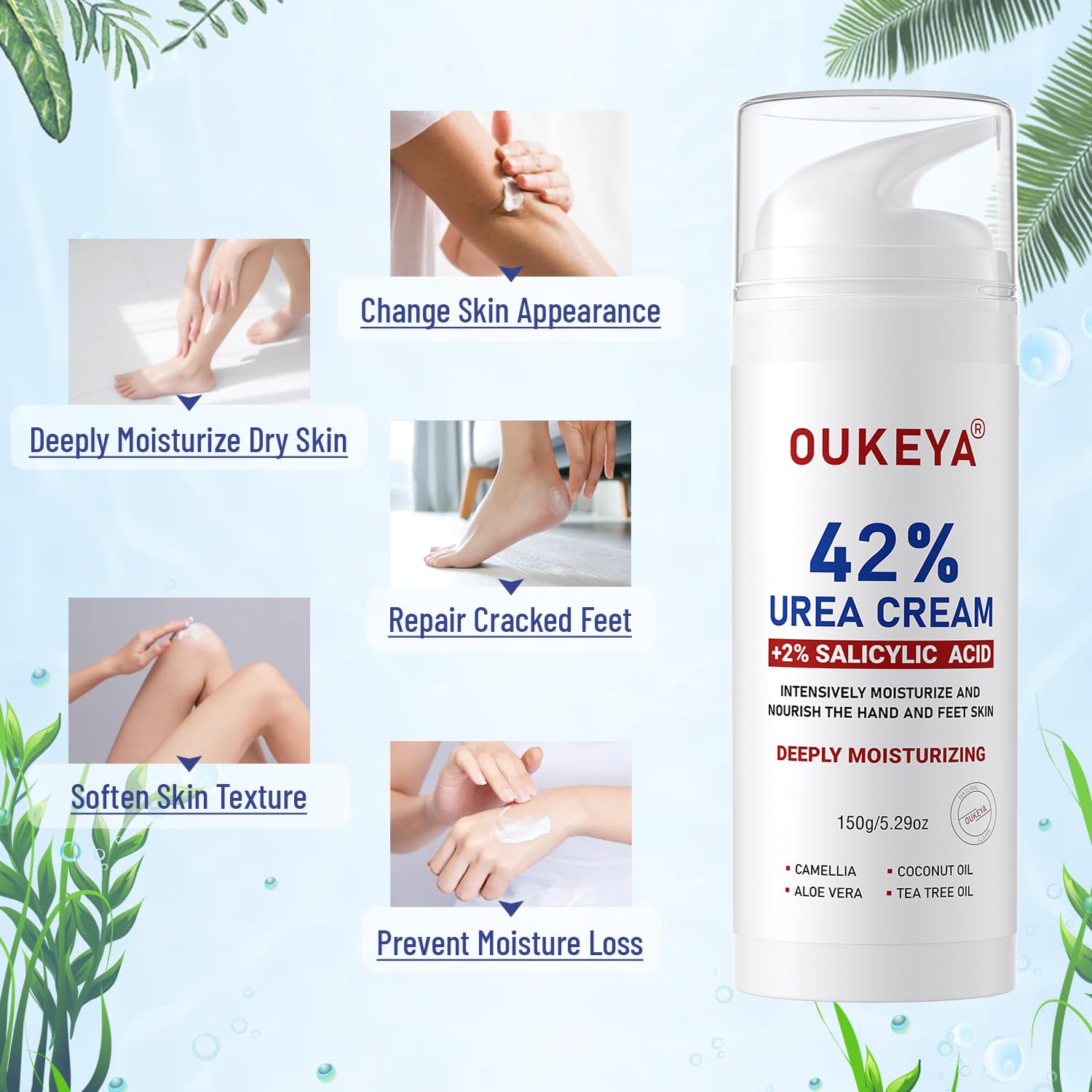 OUKEYA Urea Cream for hands and feet supports daily moisture and softening.