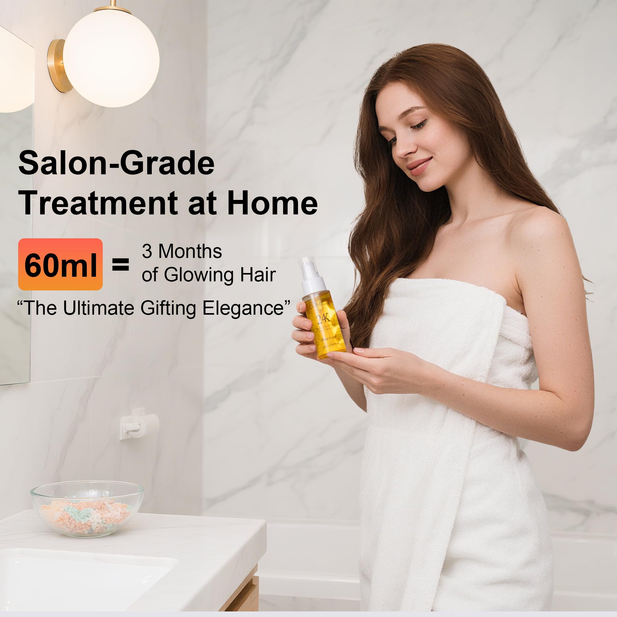 Oumigiz 24K Gold Hair Oil at-home spa vibe suggesting salon-quality results.