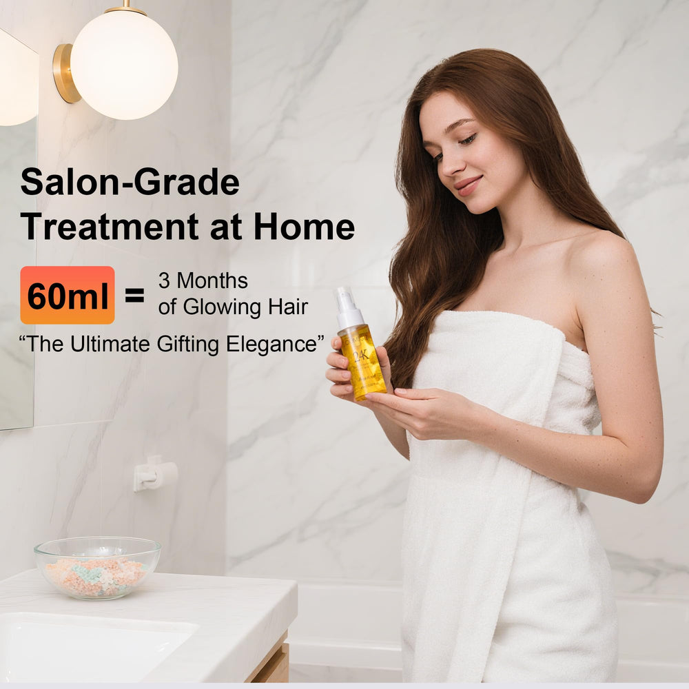 Oumigiz 24K Gold Hair Oil at-home spa vibe suggesting salon-quality results.
