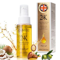 Oumigiz 24K Gold Hair Oil bottle closeup highlighting nourishment and lightweight protection.