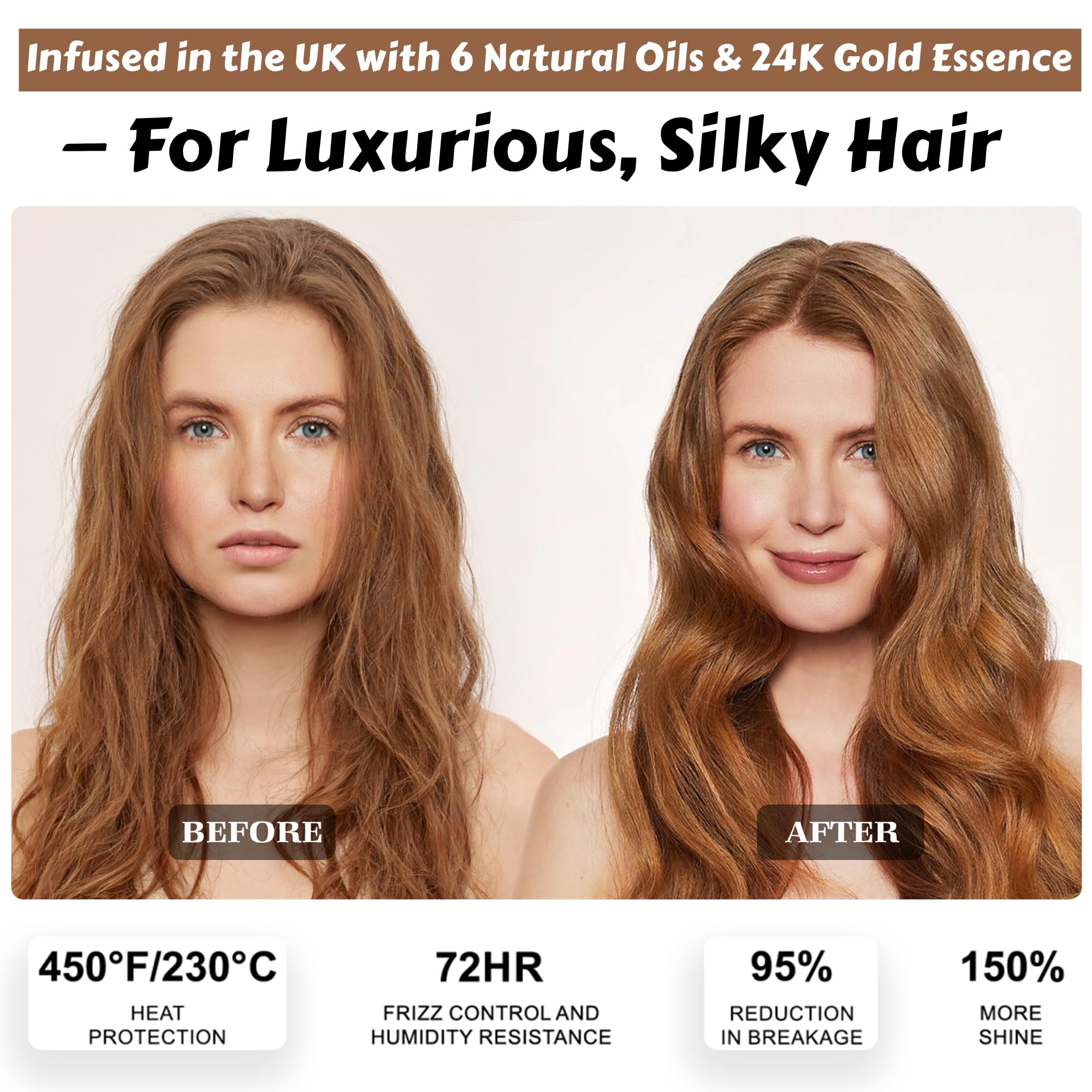 Oumigiz 24K Gold Hair Oil UK-made label emphasizes vegan, sulfate-free formula.