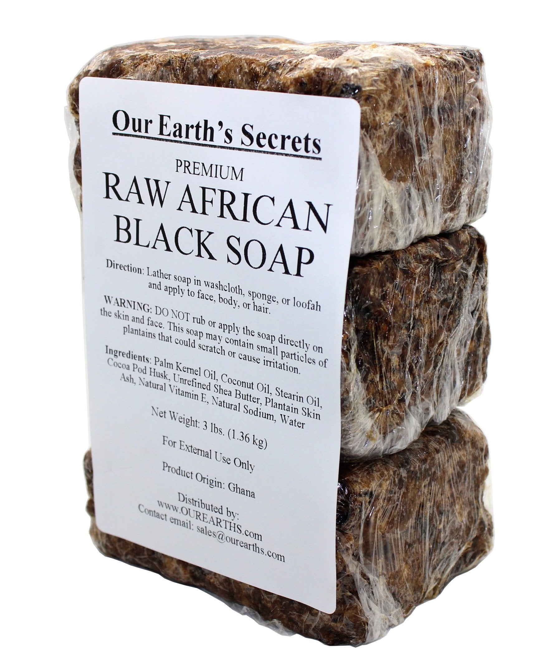 Our Earth's Secrets premium raw African black soap front view offering natural cleansing for daily use.