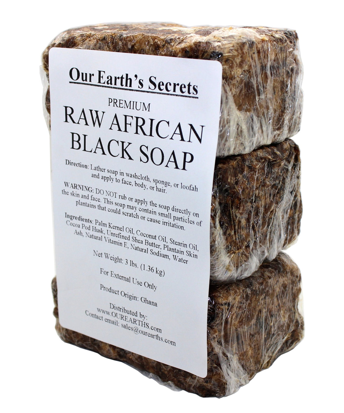 Our Earth's Secrets premium raw African black soap front view offering natural cleansing for daily use.