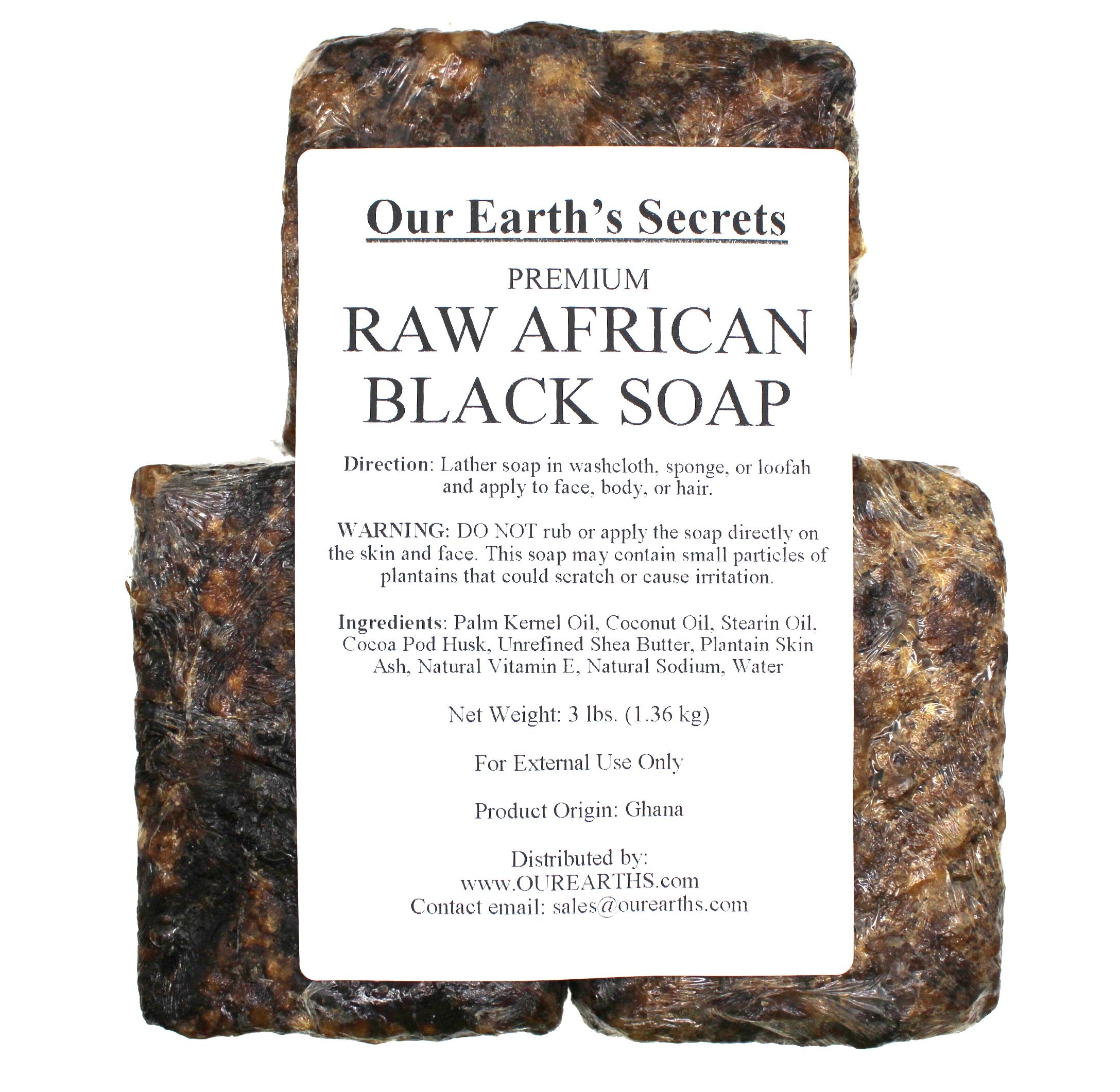 Our Earth's Secrets raw African black soap texture closeup shows natural particles for gentle exfoliation.