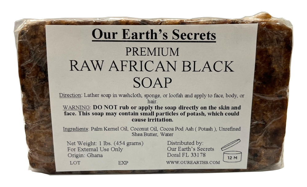 Our Earth's Secrets Raw African Black Soap bar—versatile cleansing for face, body and hair.