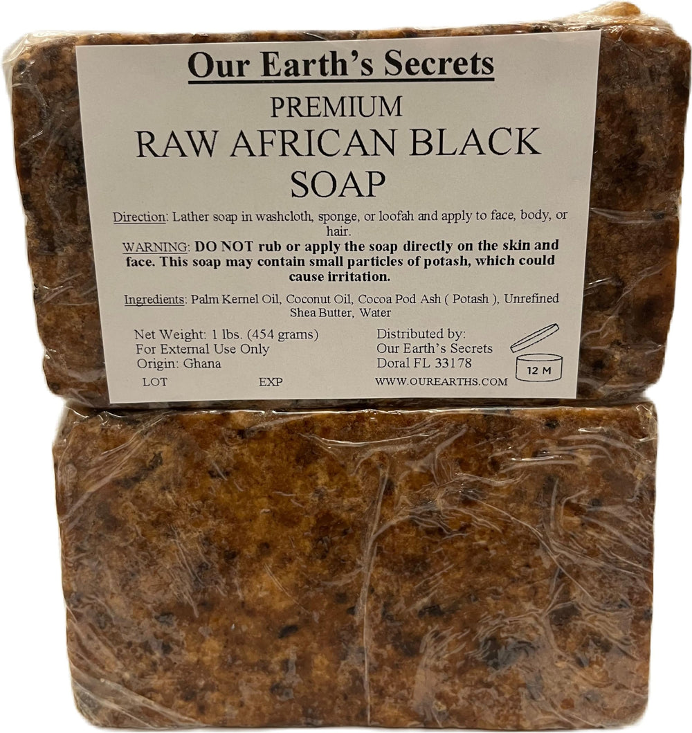 Our Earth's Secrets close-up shows shea butter and cocoa pod ash for gentle exfoliation.