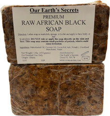 Our Earth's Secrets close-up shows shea butter and cocoa pod ash for gentle exfoliation.