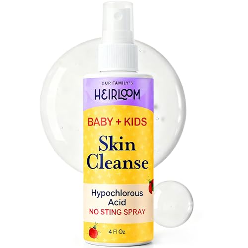 Our Family's Heirloom HOCl spray for kids bottle front shows gentle non-stinging relief.