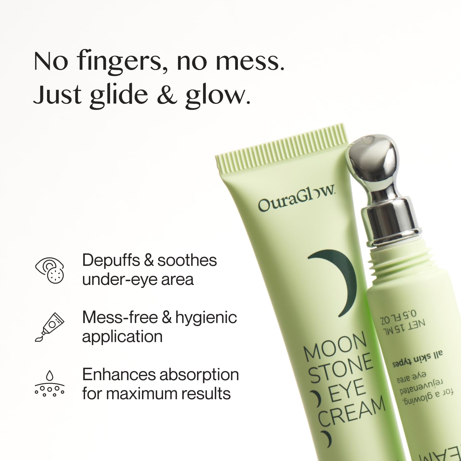 OURAGLOW Caffeine Eye Cream fragrance-free label signals clean beauty and gentle use.