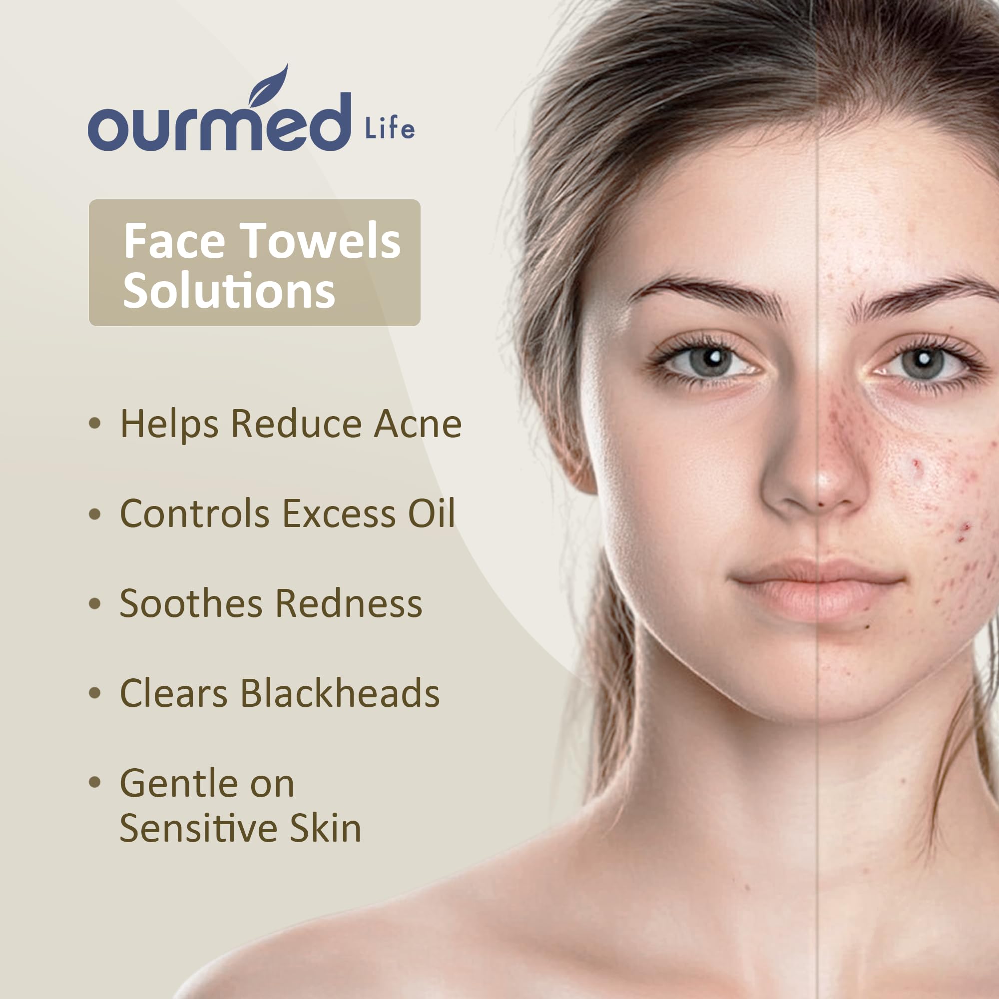 Ourmed Life face towels lint-free detail emphasizes fibers-free cleansing for sensitive skin.