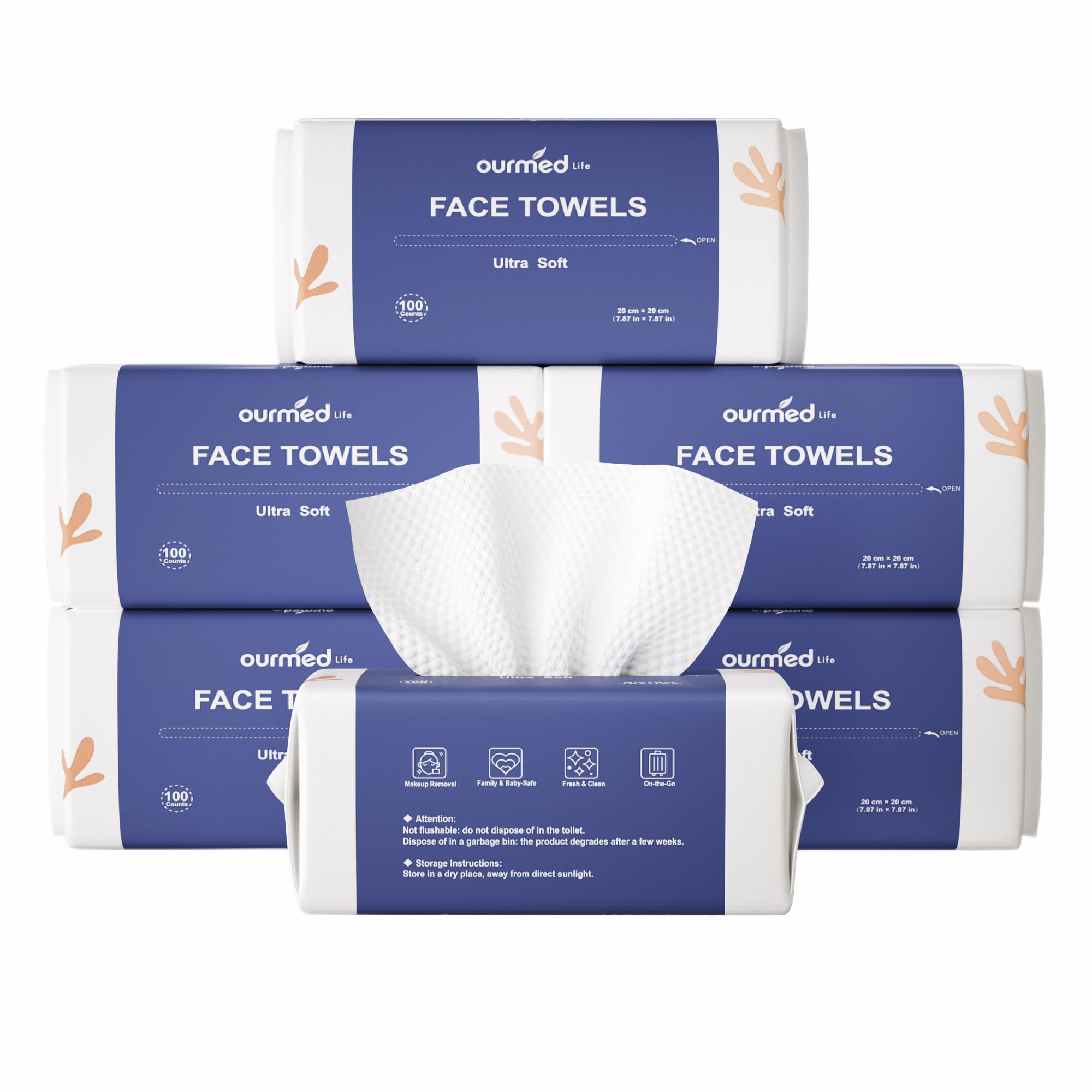 Ourmed Life face towels pack open showing bulk biodegradable wipes for daily skincare