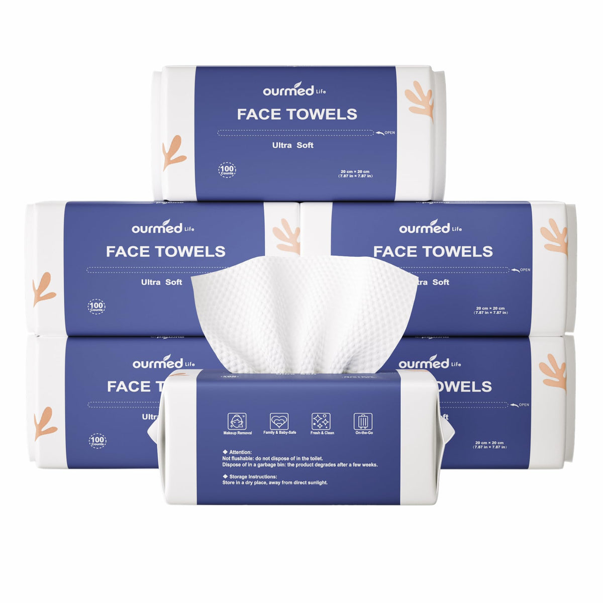 Ourmed Life face towels pack open showing bulk biodegradable wipes for daily skincare