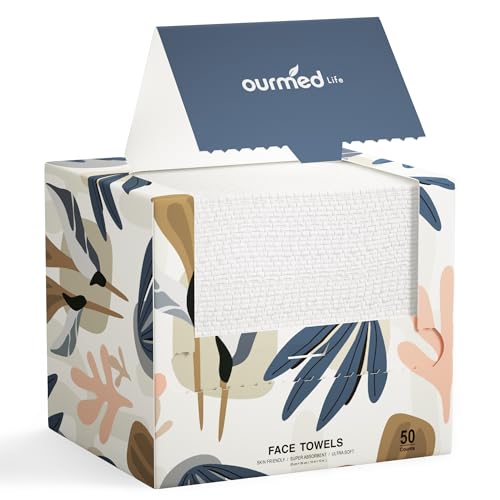 ourmed life face towels packaging shows 50-count value for travel and home use