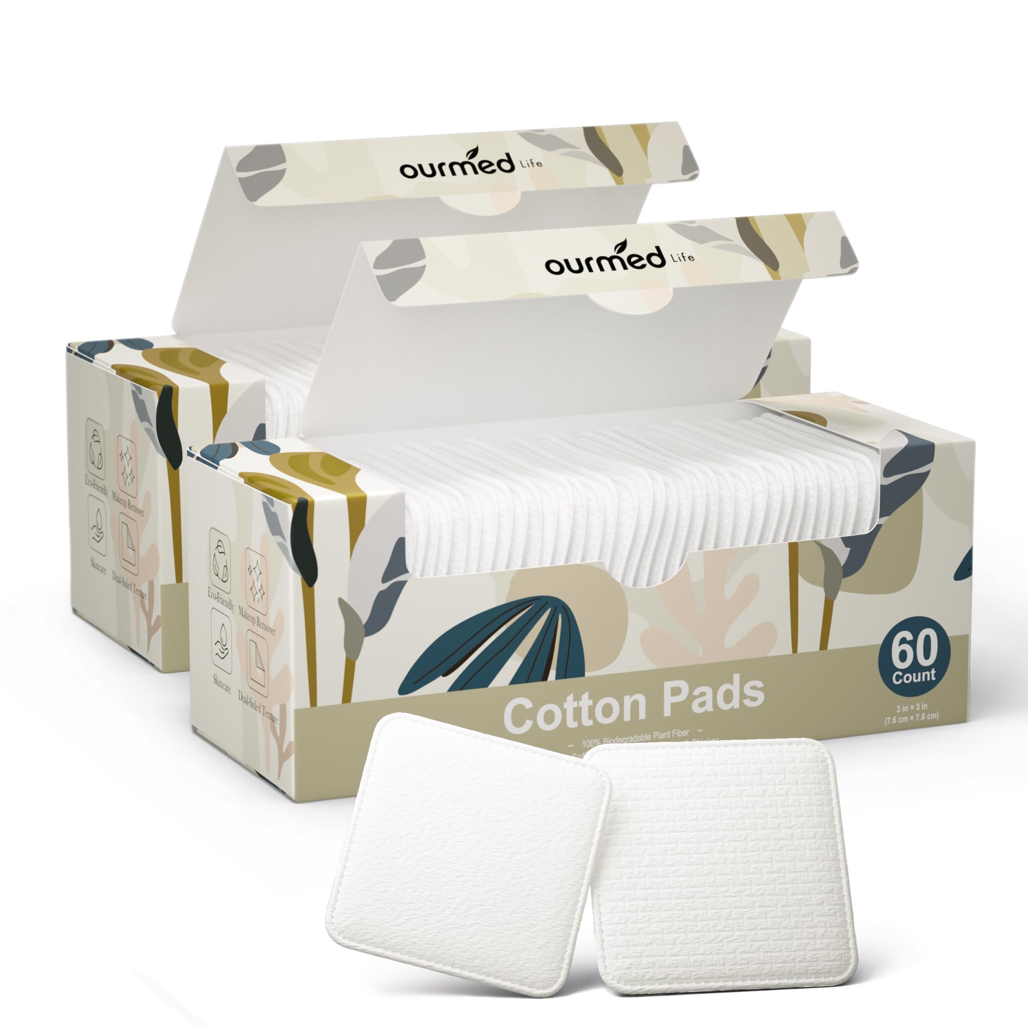Ourmed Life large cotton pads pack shot showing 3x3 inch size for broad makeup removal