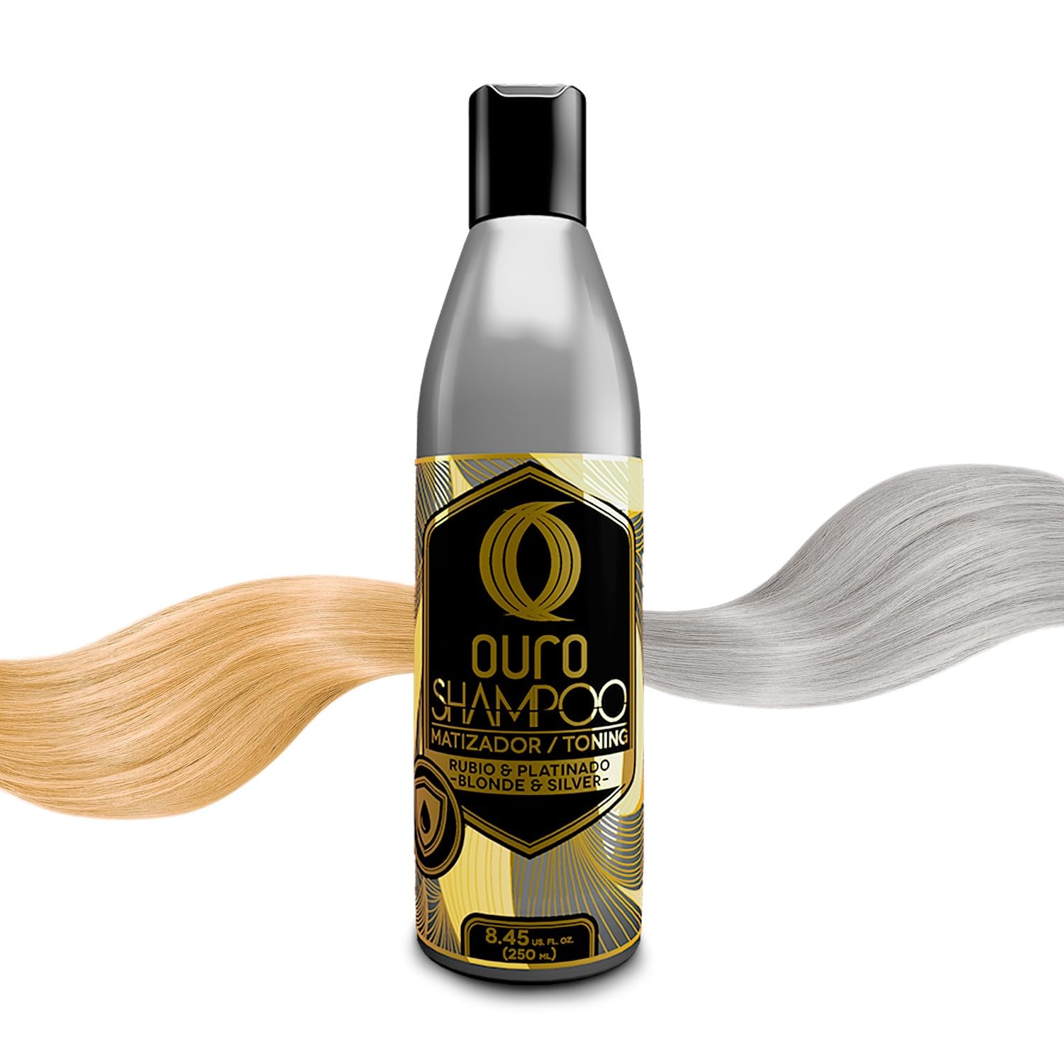 OURO Shampoo Toning bottle-front promotes vibrant color for blondes.