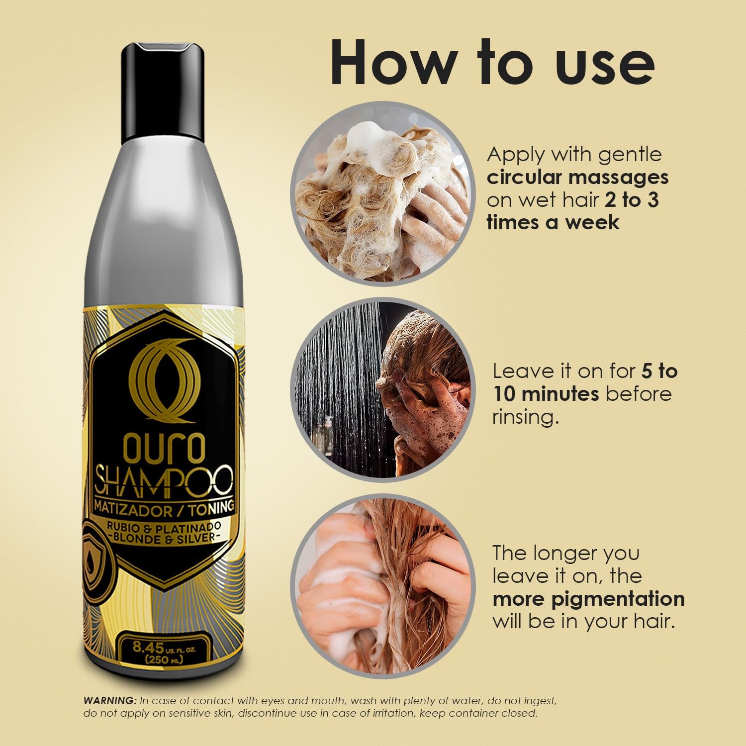 OURO Shampoo Toning hair-brightness-swatch implies healthier-looking highlights.