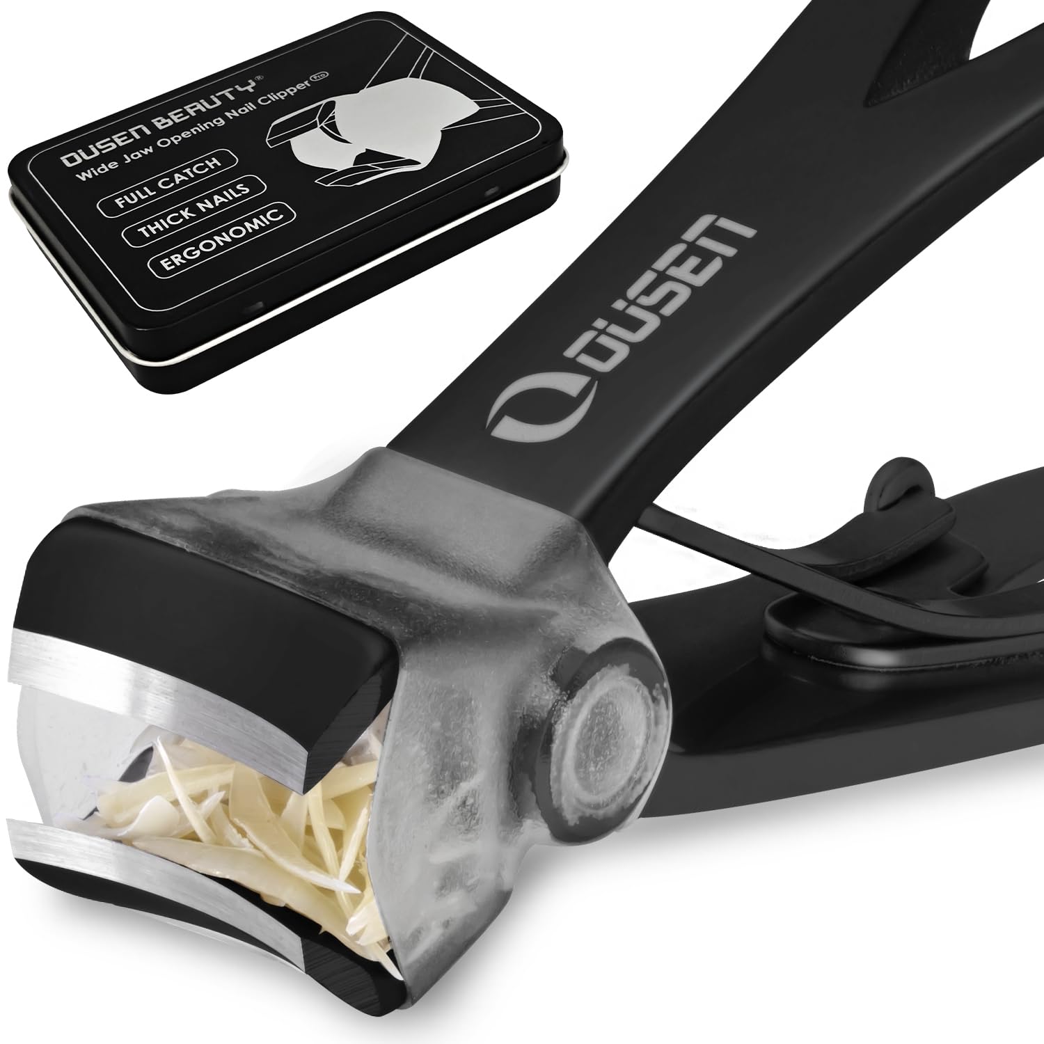 Ousen Beauty nail clippers with full catcher showing mess-free trimming capability
