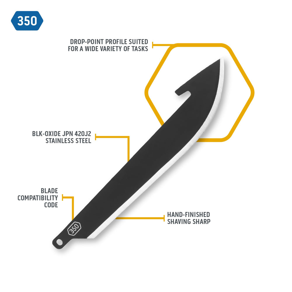 Outdoor Edge 350 stainless steel blades ready for corrosion resistance and outdoor durability.