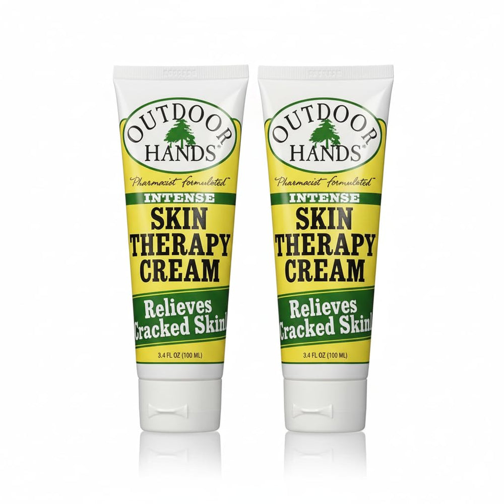 Outdoor Hands Intense Skin Therapy Cream tube shows fast-absorbing, non-greasy relief for dry hands.
