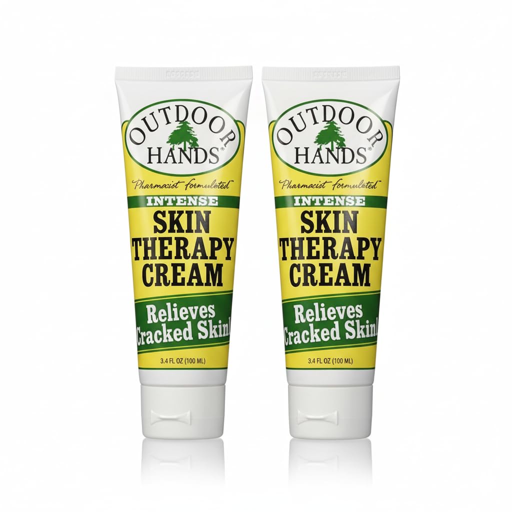 Outdoor Hands Intense Skin Therapy Cream tube shows fast-absorbing, non-greasy relief for dry hands.