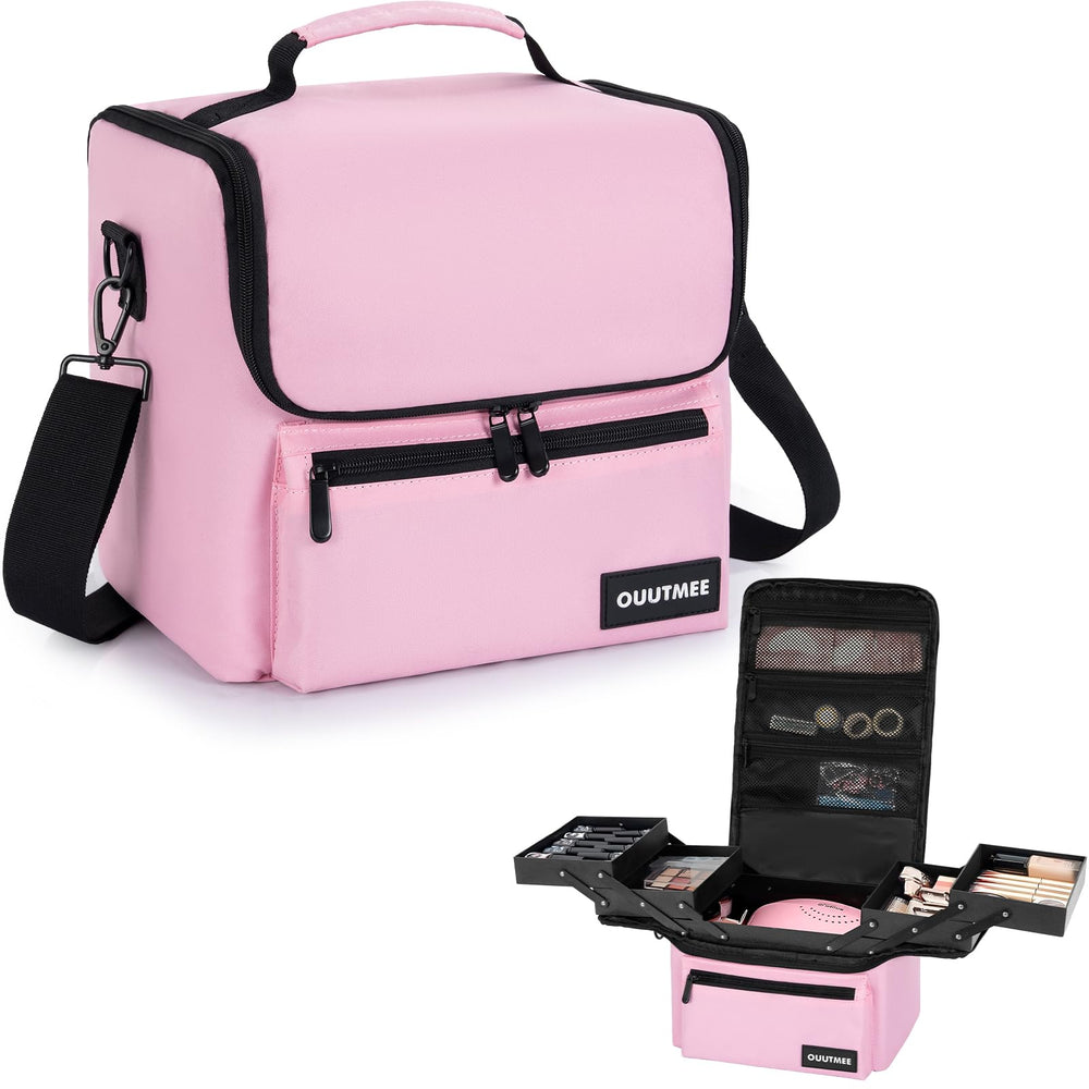 OUUTMEE makeup travel train case front view shows organized cosmetics storage