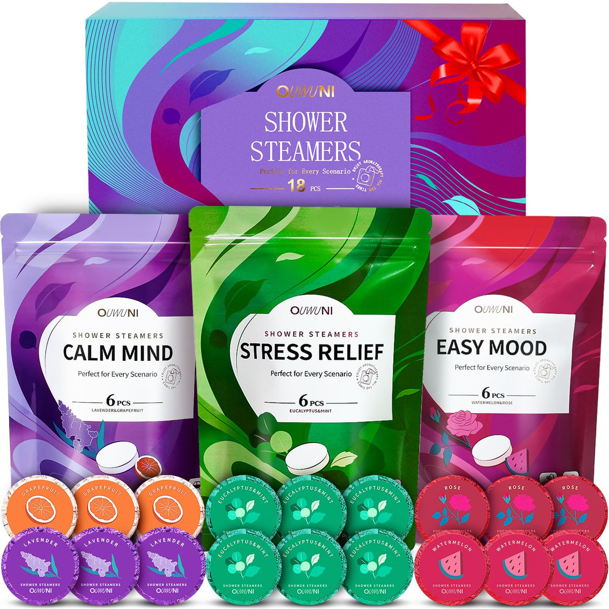 Ouwuni Shower Steamers 18pack packaging showcases variety for gifting and spa-style routines.