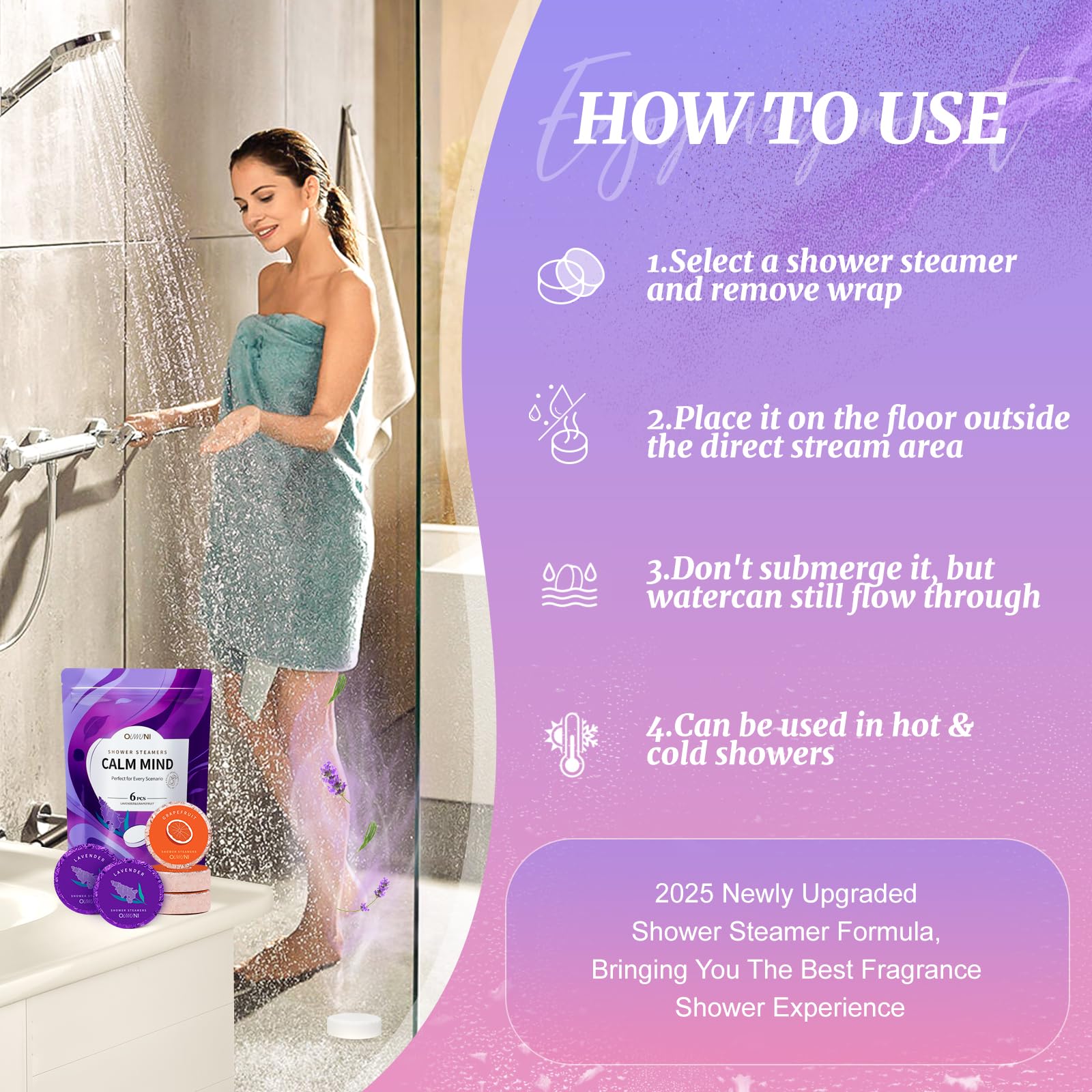 Ouwuni shower steamer grapefruit front provides uplifting citrus scent for mood boost.