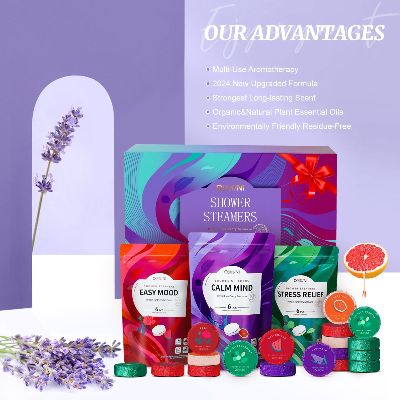 Ouwuni shower steamer watermelon front offers crisp fruity scent for a refreshing ritual.