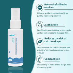 Ovand adhesive remover spray application demonstrates gentle cleansing of adhesive residues.