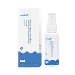 Ovand adhesive remover spray bottle for quick residue removal with skin-friendly formula.