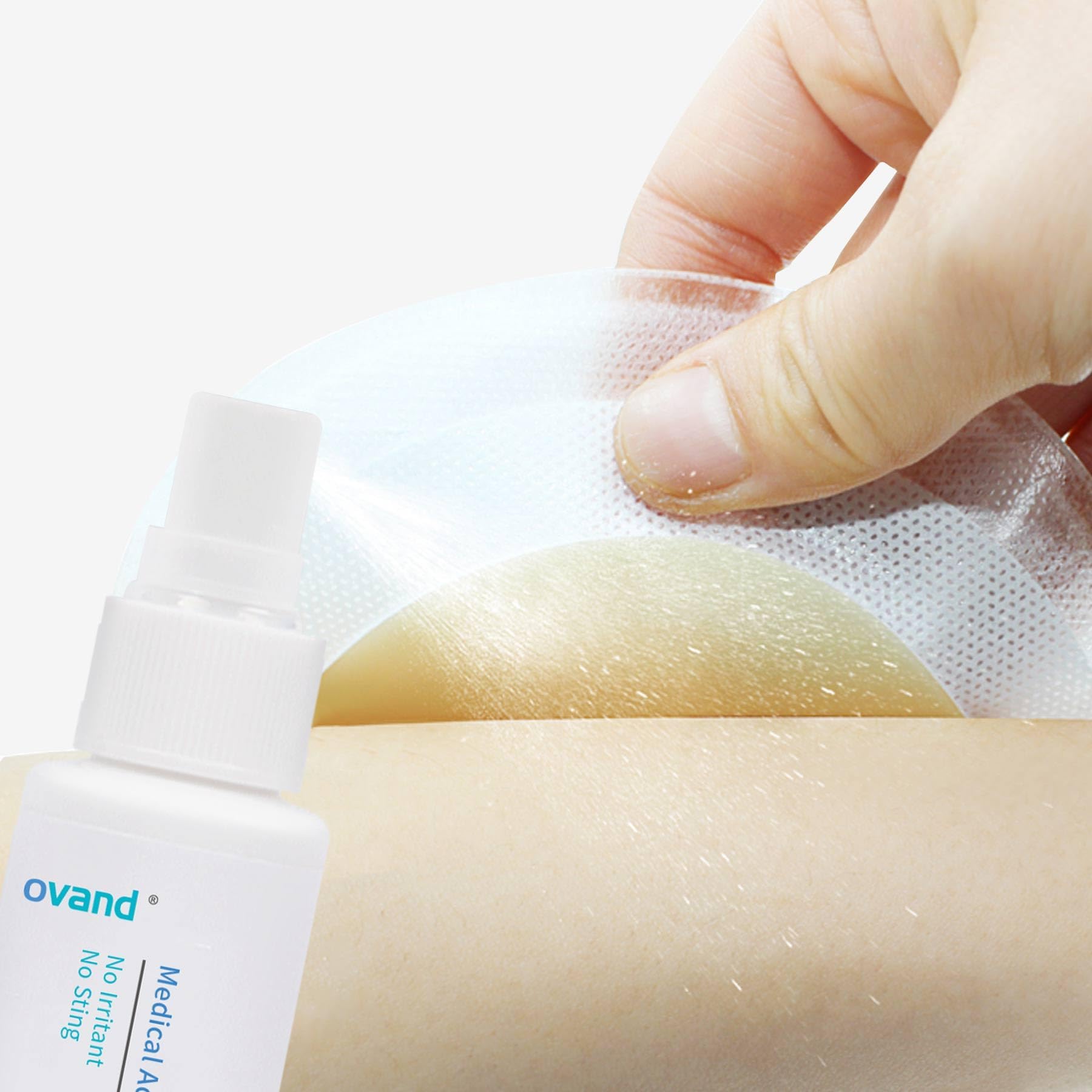 Ovand adhesive remover spray for tape removal cleans bandages without harsh rubbing.
