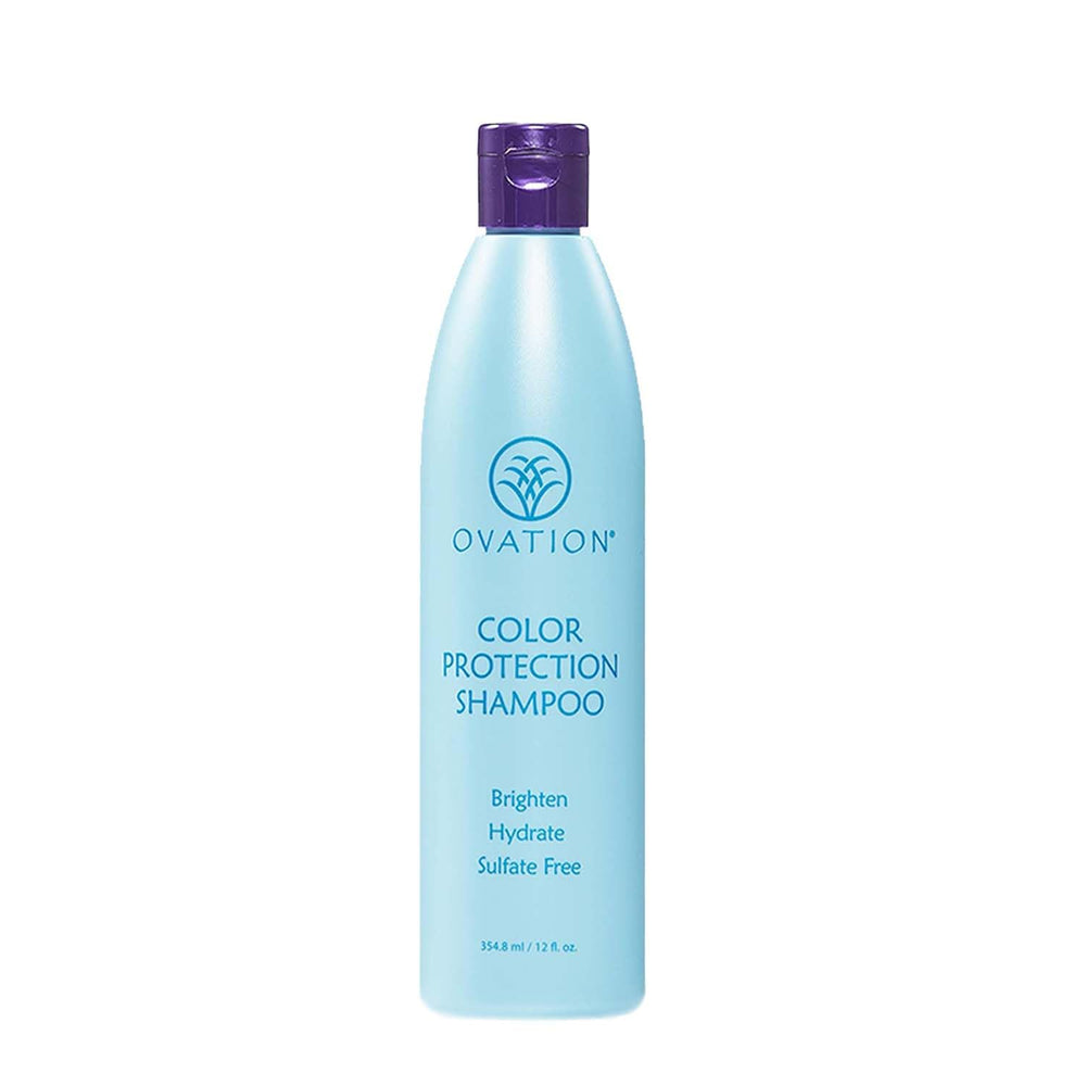 Ovation Hair Color Protection Shampoo bottle shows color protection and hydration for treated hair.
