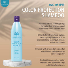 Ovation Hair Color Protection Shampoo ingredients bottle highlights avocado and rice bran oils.