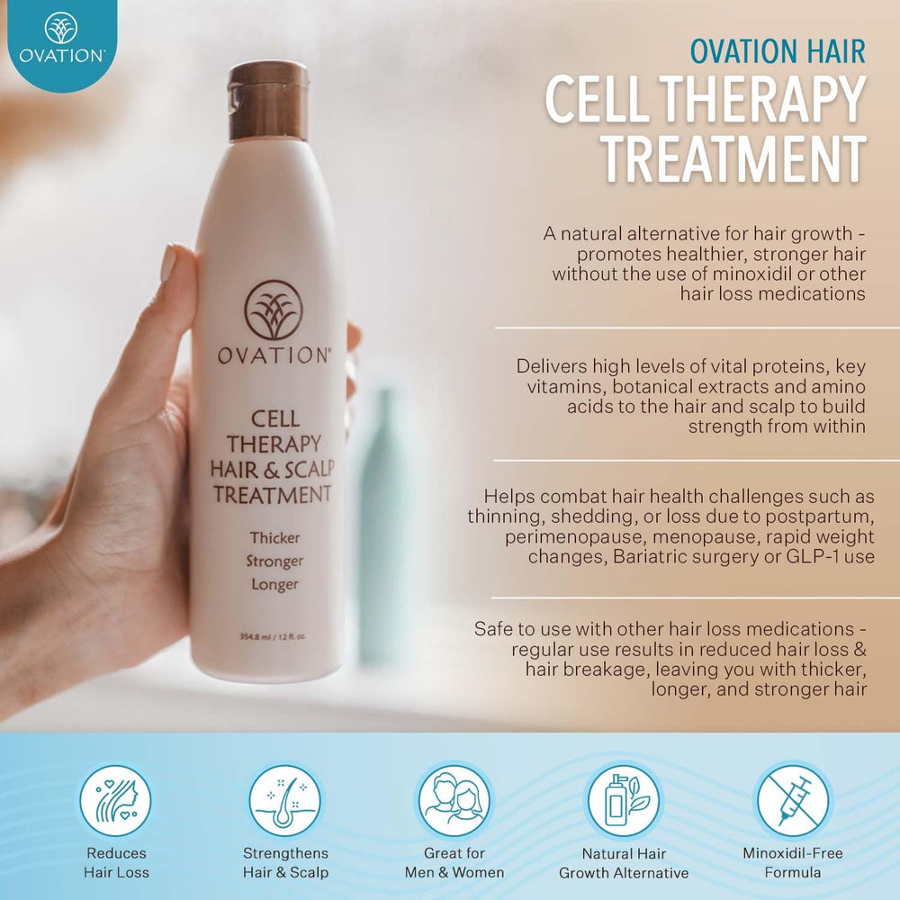 Ovation Hair Cell Therapy hair-strands closeup suggests potential for thicker looking strands.