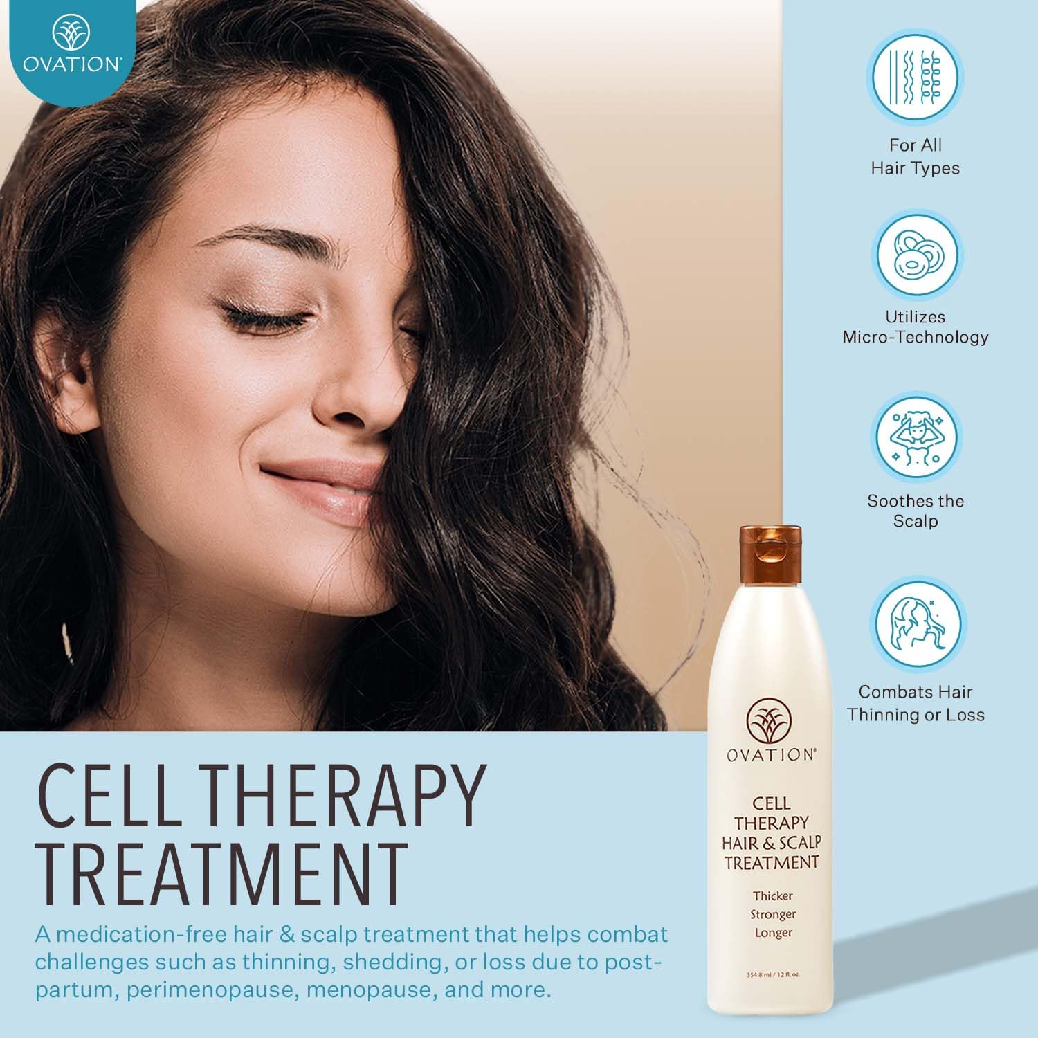 Ovation Hair Cell Therapy scalp-application demonstrates simple scalp care for healthier roots.