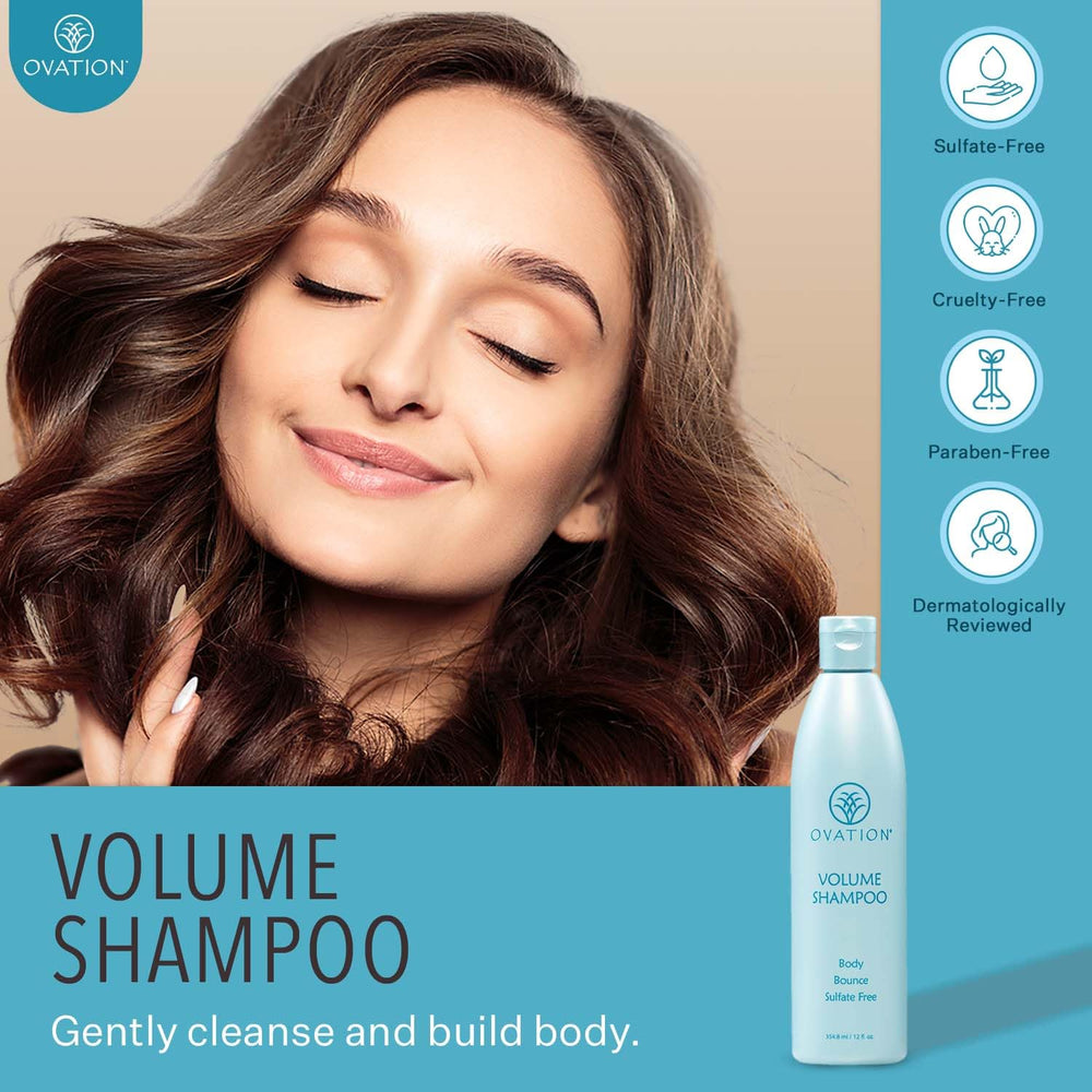 Ovation Hair Volume Shampoo bottle cap showing gentle cleansing for color-treated hair