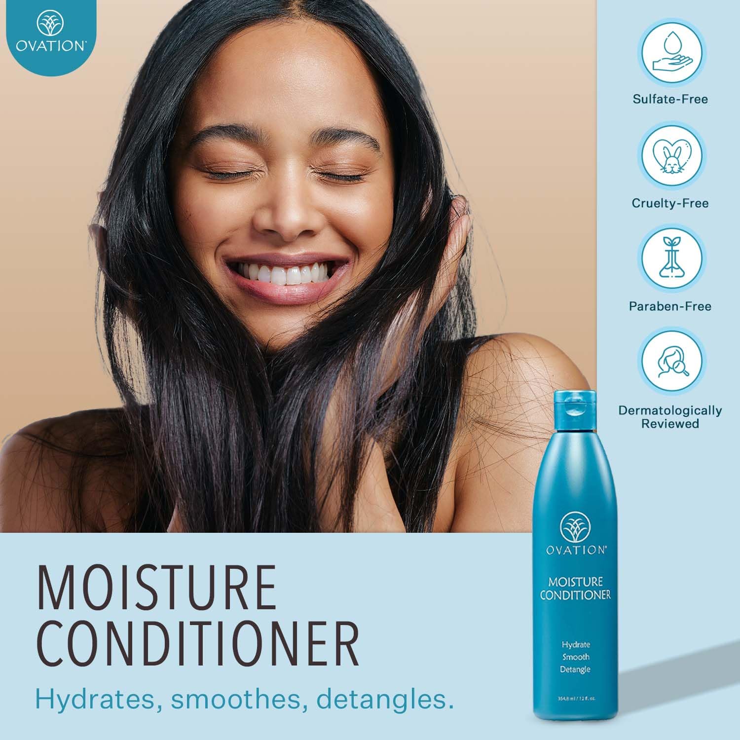 Ovation Moisture Conditioner creamy texture delivering rich hydration for dry hair.